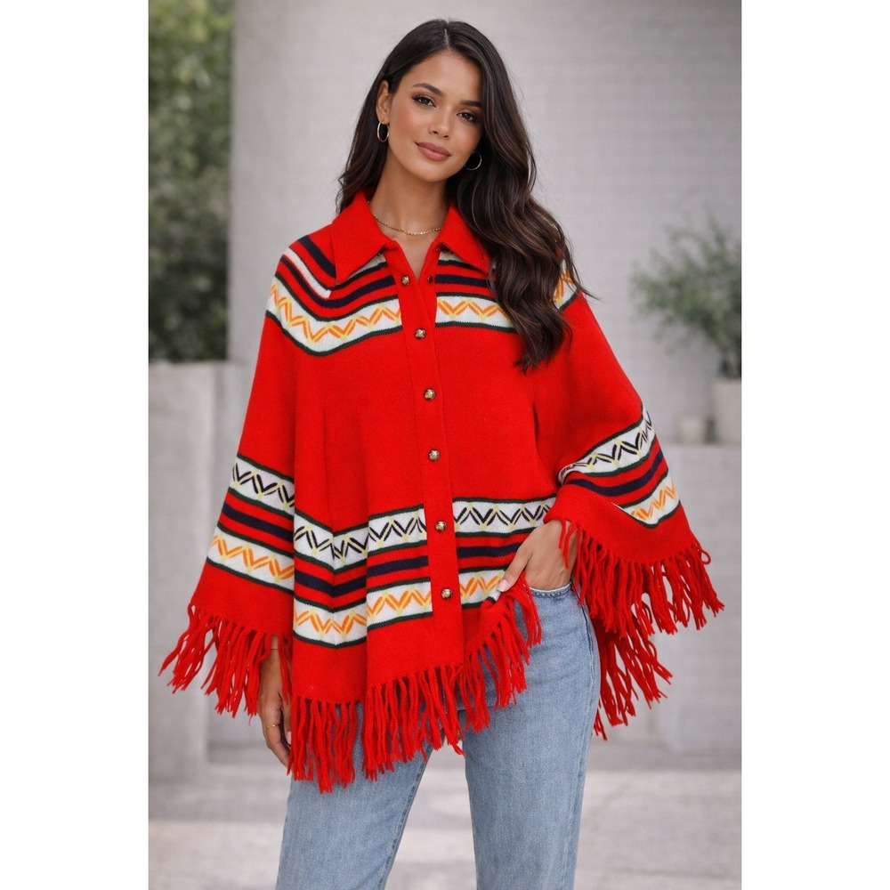 Vintage Red‎ Knit Poncho Sweater Fringe Geometric Pattern